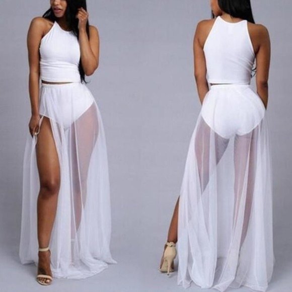NEW high waist white sheer mesh skirt beach cover up skirt - Picture 1 of 4